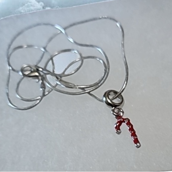 Silver Candy Cane Charm Necklace on 20" ss pl chain.Hand crafted. NEW - Picture 2 of 5